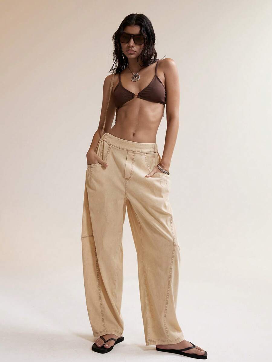 Easelle Quần dài nữ dài tay màu xanh lá cây, dáng suông, dáng cong, thoải mái, giặt axit - xanh quân đội - Xem 1