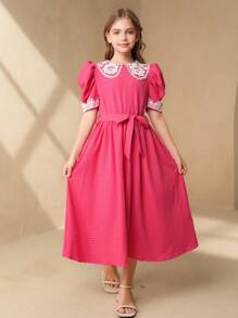 Tween Girl' Casual Contrast Lace Crew Neck Red Party Dress For Formal Occasions & Everyday Wear - Hot Pink - View 1