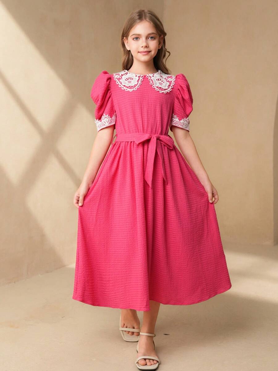 Tween Girl' Casual Contrast Lace Crew Neck Red Party Dress For Formal Occasions & Everyday Wear - Hot Pink - View 1