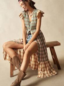 Bohemela Boho Woven Plaid V-Neck Slit Dolman Sleeve Mid-Length Dress For Women - Multicolor - View 4