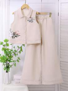 2 件女童杏色无袖花卉印花衬衫和阔腿裤套装，舒适休闲度假装，春夏 - 杏色 - 查看 1