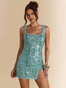 SHEIN BAE Mint Blue Sage Green Sleeveless Sequin Glitter Mini Dress With High Slit,Summer 70s Retro Club Party Sparkly Music Festival Brunch Vacation Clothing - Green - View 5