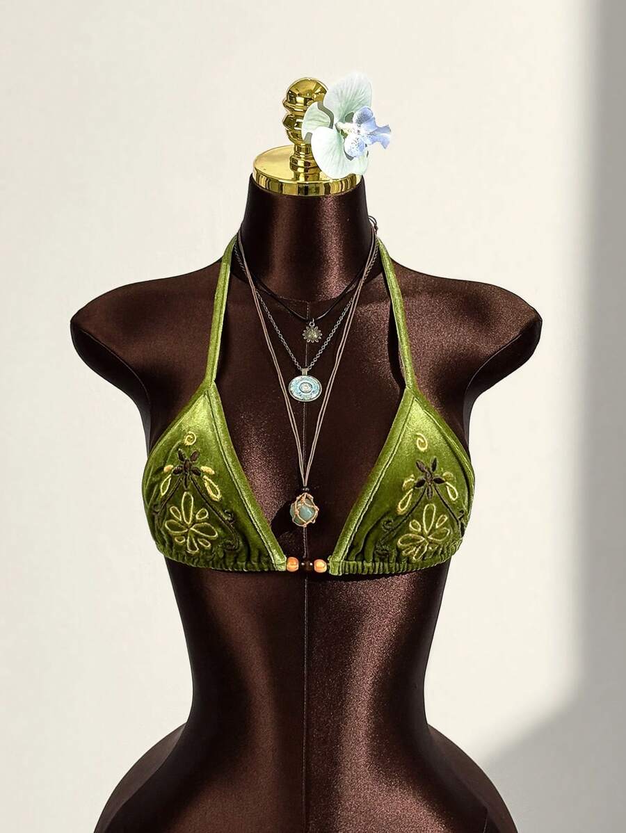 Amplova Conjunto de verano para mujer, estilo vacaciones, top halter triangular bordado con cuentas y decoración de cuentas, estilo bohemio de vacaciones - Verde - Ver 1