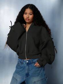 SUMWON WOMEN 半拉链短款运动连帽衫，带蝴蝶结袖子细节，背部刺绣抽绳，现代街头服饰，秋冬运动服，健身休闲服 - 黑色 - 查看 4