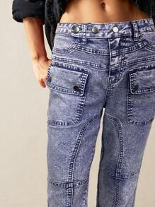 Bohemela Quần dài bó sát nữ cạp thấp dệt trơn Leisure Solid Patch Pocket Skinny - Màu xanh lam - Xem 4