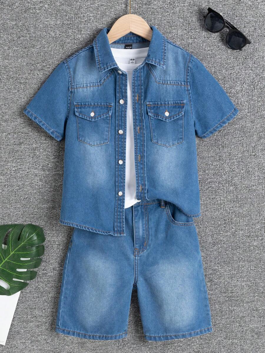 SHEIN 青少年男孩牛仔两件套服装 - 深色水洗藍 - 查看 1