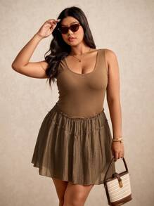 Elaquor Plus Size Women Casual Frill Trim Round Neck Sleeveless Dress - Coffee Brown - View 6