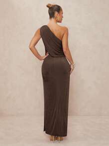 Lumalex 1pc Women's Metal Decor Ruched Twist Bodycon Extra Long Dress - Chocolate Brown - View 2