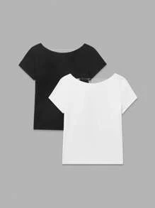 SHEIN BASICS 2pcs/Set Solid Color Knit Backless Fitted Women T-Shirts - Black and White - View 3