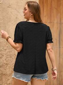 SHEIN LUNE Plus Contrast Lace Puff Sleeve Tee - Black - View 2