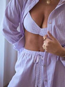 Aralina Striped Ruched Bralette With Drawstring Waist Short Two Pieces Summer Set - Purple - View 5