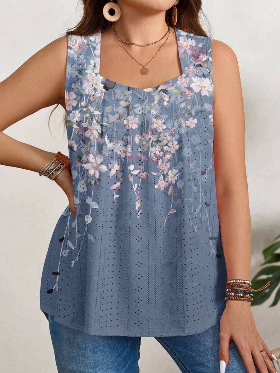EMERY ROSE Floral Ombre Plus Size Camisole And Tank Top, Suitable For Summer Suitable For Going Out,Flower/Vacation/Spring - Mauve Purple - View 1
