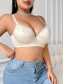 SHEIN 1 pieza Sujetador de encaje de moda cómodo de unicolor para mujer de talla grande