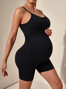 SHEIN 1 Set Backless Strap Fitted Maternity Activewear Yoga Jumpsuit Super High Rise Belly Support Maternity Leggings High-Stretchy Gym Shorts,Word Cup - Black - View 4
