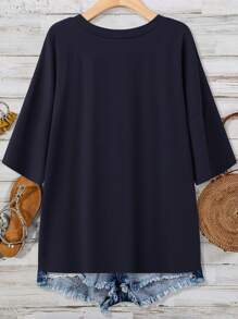 SHEIN LUNE Green Plus Size Summer Top Women's V-Neck Pocket T-Shirt Cotton - Navy Blue - View 2