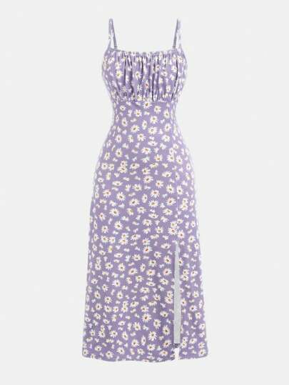 SHEIN Girlism Tween Girl Knitted Ditsy Floral Casual Spaghetti Strap Split Hem Dress