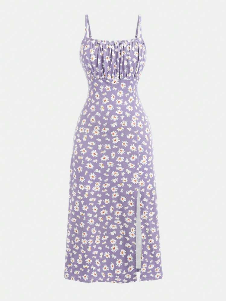 SHEIN Girlism Tween Girl Knitted Ditsy Floral Casual Spaghetti Strap Split Hem Dress - Mauve Purple - View 1