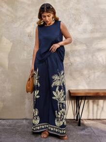 SHEIN Clasi Plus Size Women 2pcs Set, Solid Color Round Neck Sleeveless Top And Palm Tree Print Pants - Multicolor - View 3