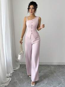 Elenzga 女士春夏斜肩带纽扣无袖背心和直腿纽扣裤套装 - 粉色 - 查看 1
