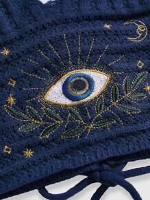 ROMWE Women Boho Hippie Style Summer, Moon & Star Embroidery Knit Beaded Top - Navy Blue - View 2