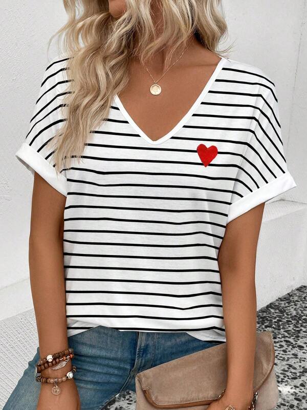 SHEIN Damen V-Ausschnitt Kurzarm Loose Gestreiftes Herz Muster Bestseller T-Shirt