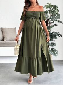 SHEIN 孕妇纯色系带露肩休闲连衣裙度假孕妇装 - 軍綠色 - 查看 3