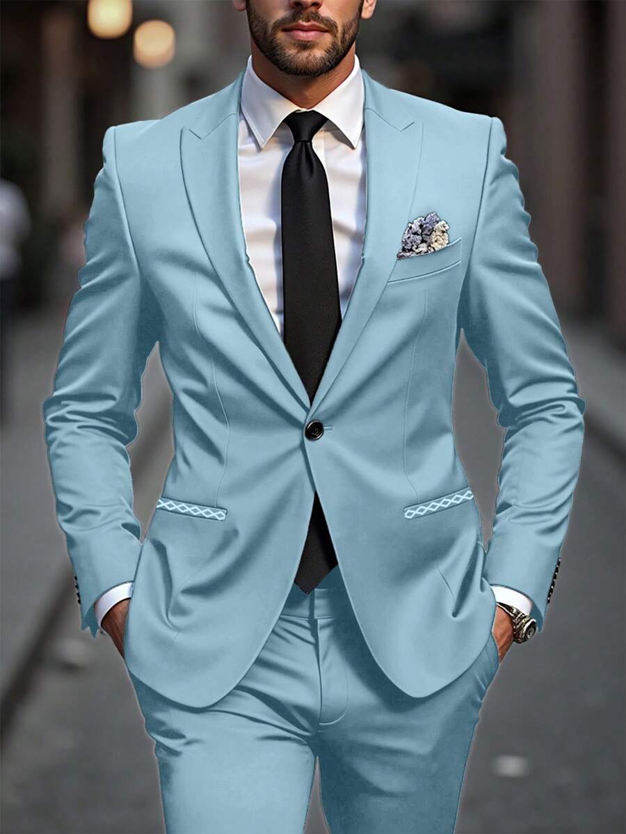 Calvornis Men's Solid Color Distressed Lapel Long Sleeve Jacket And Pants Casual Suit Set - Baby Blue - View 1