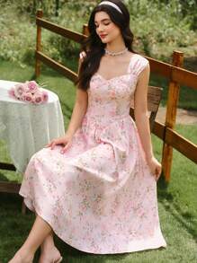 Vintamour Retro Elegant Women Floral Print Relaxed Fit Swing Dress, Loose Fit With Wide Straps, Pink Umbrella Hem Summer Sun Dress Mother Day Outfit Mother Day Dress Summer Dress Graduation Dress Sun Dresses For Women Wedding Guest Dress Women Vacation Outfits Women Birthday Dresses For Women Floral Dress Women Festival Outfits For Women Teacher Outfits For Women