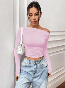 SHEIN Unity 纯色不对称领褶皱修身长袖T恤，适合新年服装 - 粉色 - 查看 6