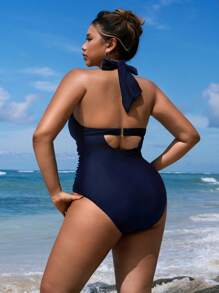 Swim Lushoire Elegant Plus Size Women Solid Color Ruched Halter One-Piece Swimsuit, Vacation For Summer - Navy Blue - View 2