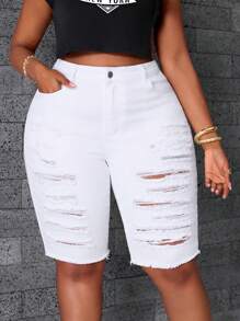 SHEIN SXY Plus Size Women Distressed Pocket Casual Versatile Denim Shorts - White - View 1