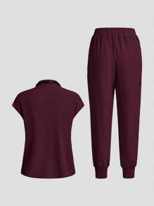 TaskEZ Simple Solid Color Cap Sleeve Top & Pants Nurse Scrub Uniform Set