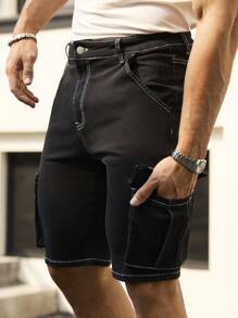 Manfinity Homme Men's Black Washed Denim Cargo Shorts, Streetwear Style Skinny Fit - Black - View 7