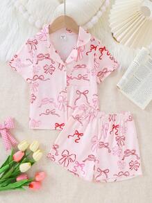 2件套女童休闲蝴蝶印花短袖开衫和短裤家居服 - 粉色 - 查看 8