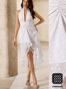 Aveloria Nuevo vestido elegante y vintage con cuello de pico profundo, diseño de cintura plisada y asimétrico, con encaje y bordados, con estilo francés chic y estilizador para mujeres