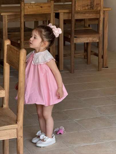 Cute Pink Peter Pan Collar Embroidered Sleeveless Dress For Toddler Girls, Summer