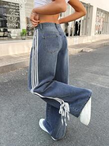 SHEIN 少女 Y2K 时尚条纹蝴蝶结宽松复古休闲斜口袋直筒牛仔裤，春夏假期 - 中等水洗藍 - 查看 2