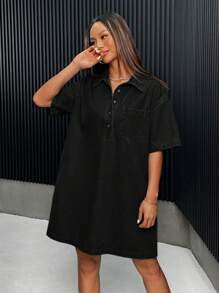 SHEIN ICON Women's Casual Loose Denim Short Sleeve Mini Shirt Dress, Blue - Black - View 6