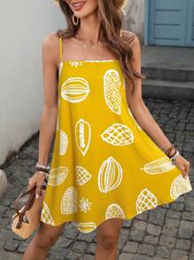 SHEIN VCAY 女士迷你梭织印花吊带裙 - 黃色 - 查看 3
