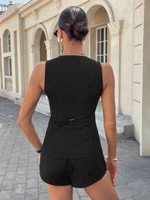 Siren Gaze 2pcs/Set Sleeveless Vest & Super Short Shorts Set For Women, Commuting, Spring/Summer Women Sets Outfit Women Work Outfits Black - Black - View 2