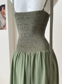 SHEIN Unity Plus Size Fashion Spaghetti Strap Dress For Women, Chic Waist Patchwork French Chiffon Summer Long Dress - Army Green - View 6
