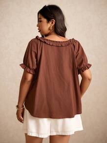 Elaquor 大码简约纯色短袖衬衫，夏季时尚 - 咖啡棕 - 查看 4