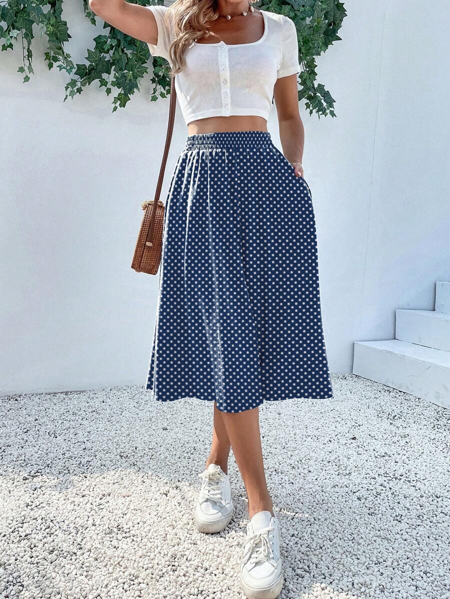 SHEIN LUNE Women's Casual Polka Dot Print Slant Pocket A-Line Skirt, Summer - Multicolor - View 1