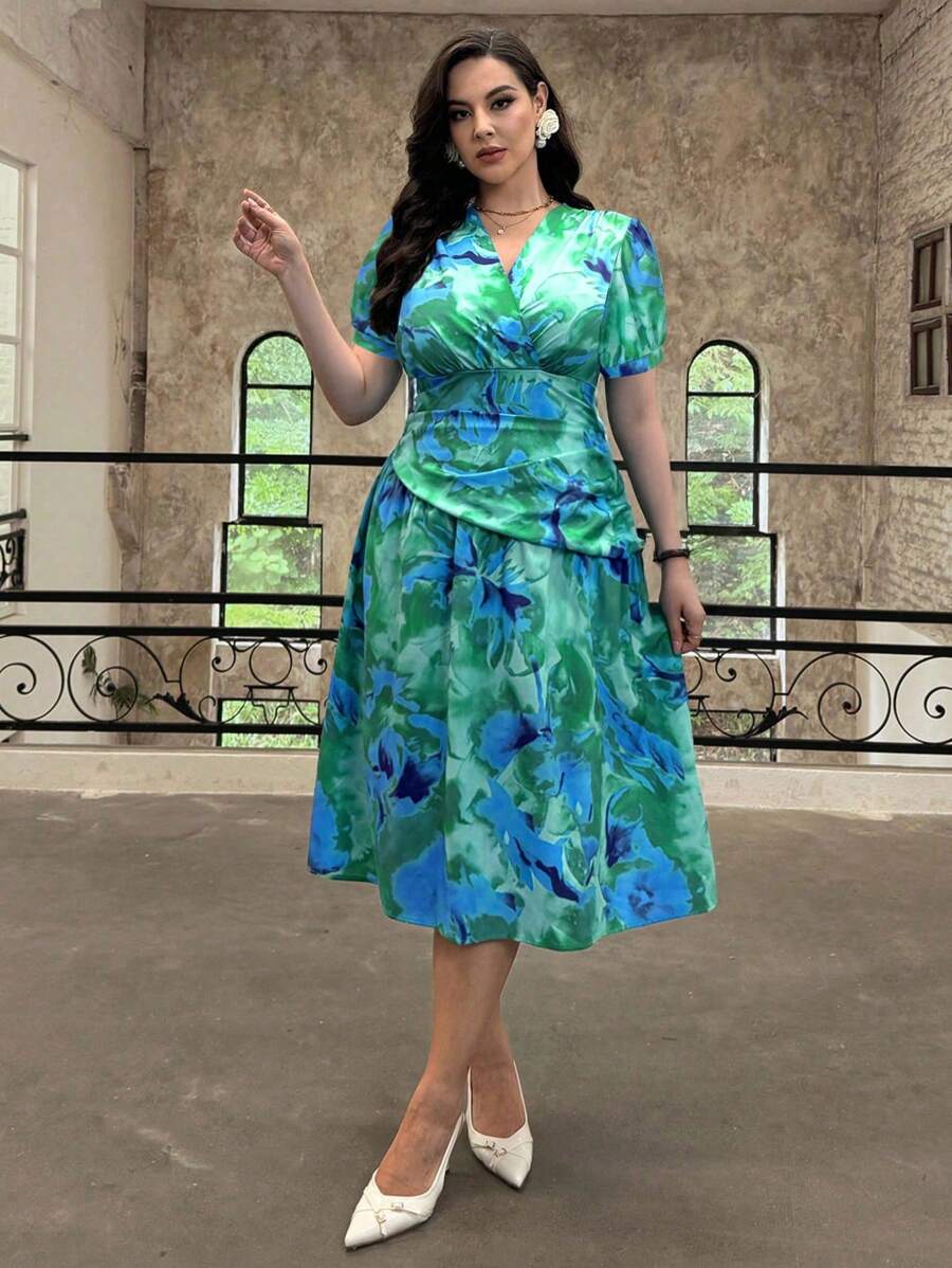 SHEIN Privé Plus Size Floral Print Asymmetrical Hem Ruffle Dress, Elegant French Romantic Style, Suitable For Fall - Multicolor - View 1