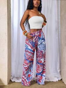 BamGleam 女士花卉印花松紧腰直筒休闲裤，适合度假穿着 - 彩色 - 查看 5