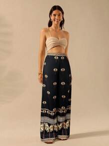 CAJUNI Quần ống rộng họa tiết cây dừa nhiệt đới Bohemian dành cho nữ, quần đi biển mùa hè thường ngày - màu đen - Xem 6