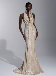 Elitara Elegant, Romantic, Sexy, Minimalist, Light Gold, Layered Fabric, Stretchy, Off-The-Shoulder, Backless, Tight-Fitting, Low-Cut, Fishtail Hem, Train, Fashion, Influencer, Festival, Holiday, Birthday Party, Wedding Event, Prom Dress, Bridesmaid Dresses, Formal Dinner Dress - Apricot - View 5