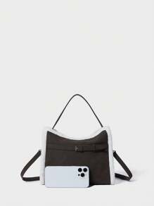 SHECARRY Tas Tote Wanita Kasual Motif Blok Warna dengan Kompartemen Resleting - Hitam - View 3