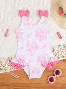 SHEIN Girls' One Piece Swimsuit, Random Floral Print With Ruffle Trim - Multicolor - View 1