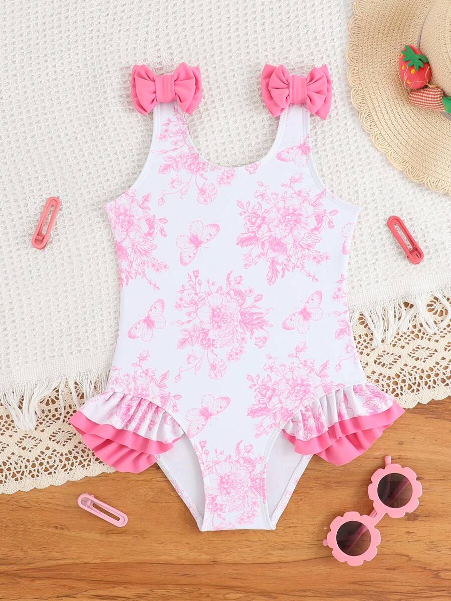 SHEIN Girls' One Piece Swimsuit, Random Floral Print With Ruffle Trim - Multicolor - View 1